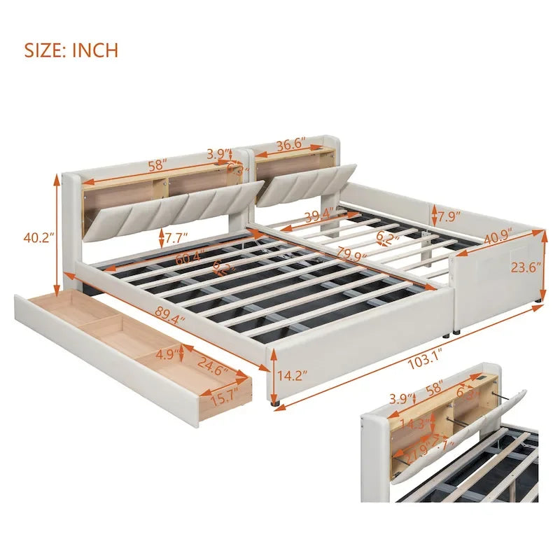 Lit plateforme tapissé Queen + Twin XL avec rangement – Cuir PU, vérin hydraulique