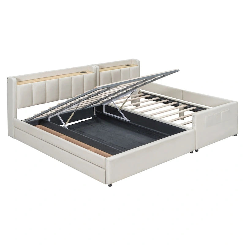 Lit plateforme tapissé Queen + Twin XL avec rangement – Cuir PU, vérin hydraulique