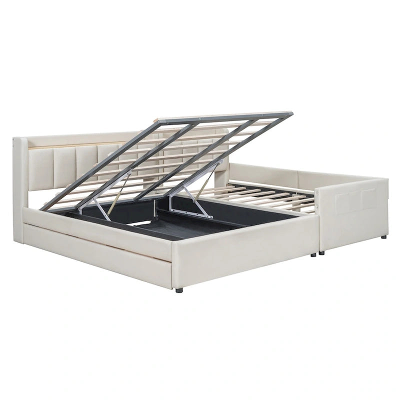 Lit plateforme tapissé Queen + Twin XL avec rangement – Cuir PU, vérin hydraulique