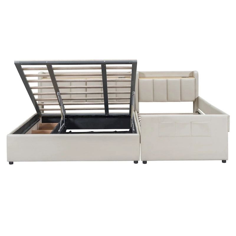 Lit plateforme tapissé Queen + Twin XL avec rangement – Cuir PU, vérin hydraulique