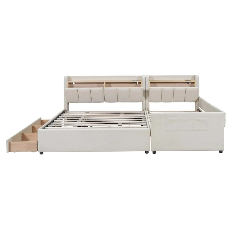 Lit plateforme tapissé Queen + Twin XL avec rangement – Cuir PU, vérin hydraulique