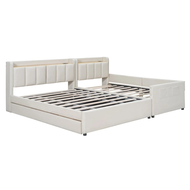 Lit plateforme tapissé Queen + Twin XL avec rangement – Cuir PU, vérin hydraulique