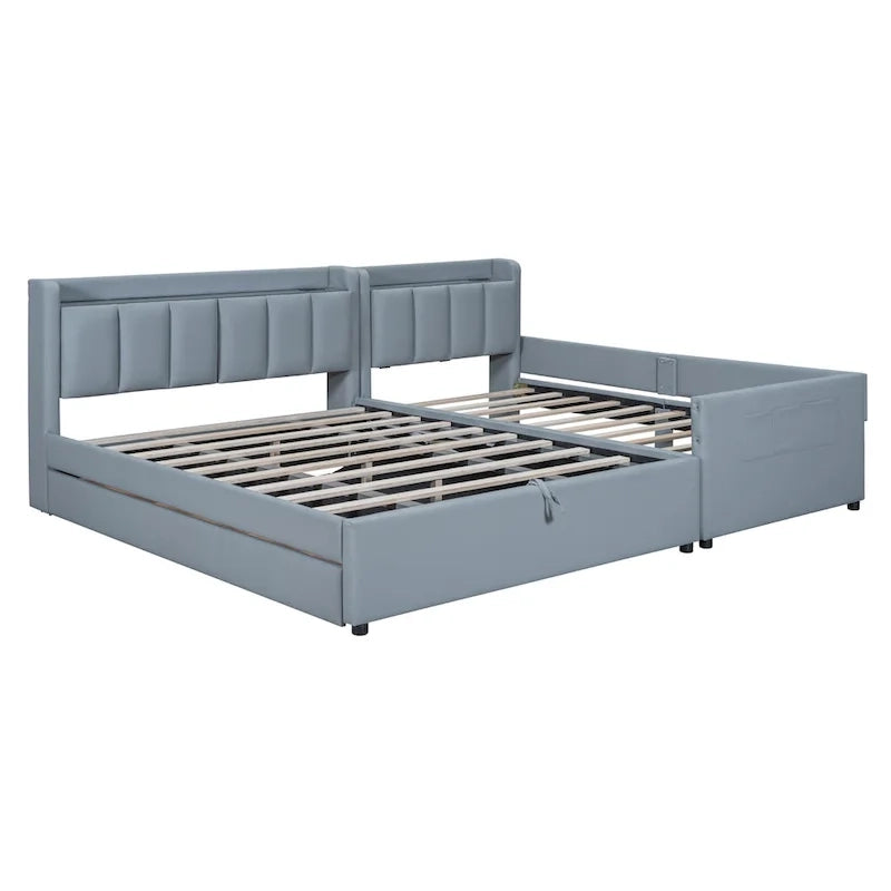 Lit plateforme tapissé Queen + Twin XL avec rangement – Cuir PU, vérin hydraulique