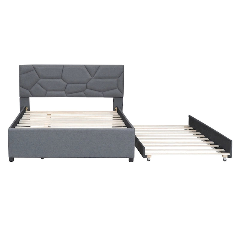 Lit plateforme rembourré pleine grandeur avec tête de lit motif brique et lit gigogne double