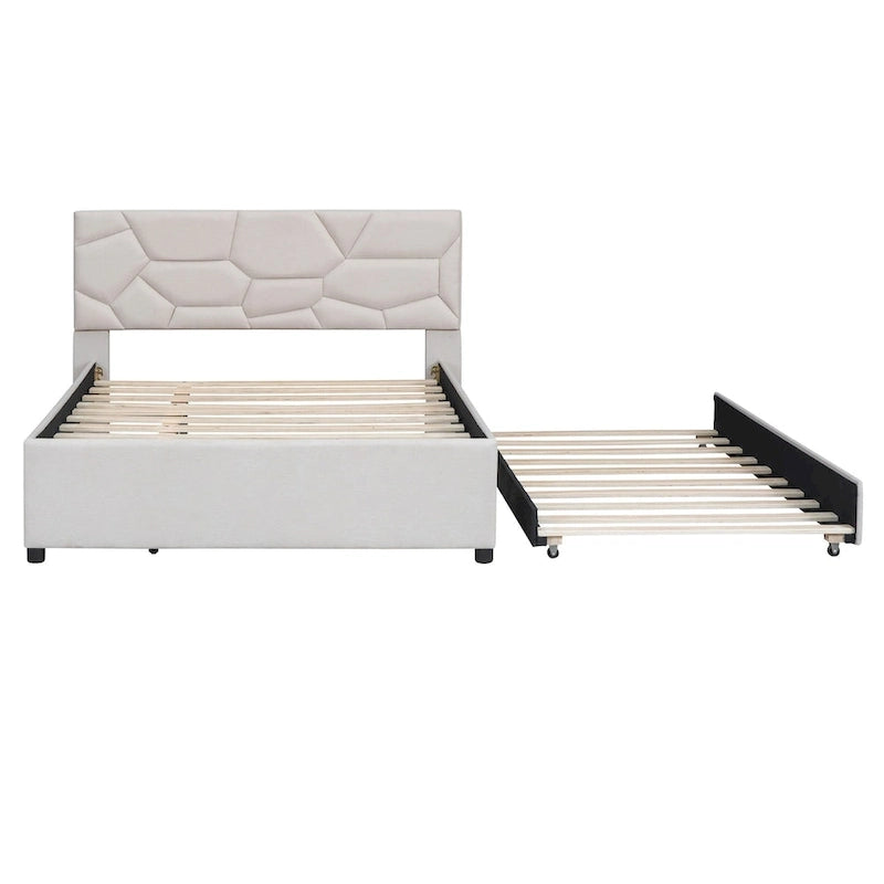 Lit plateforme rembourré pleine grandeur avec tête de lit motif brique et lit gigogne double