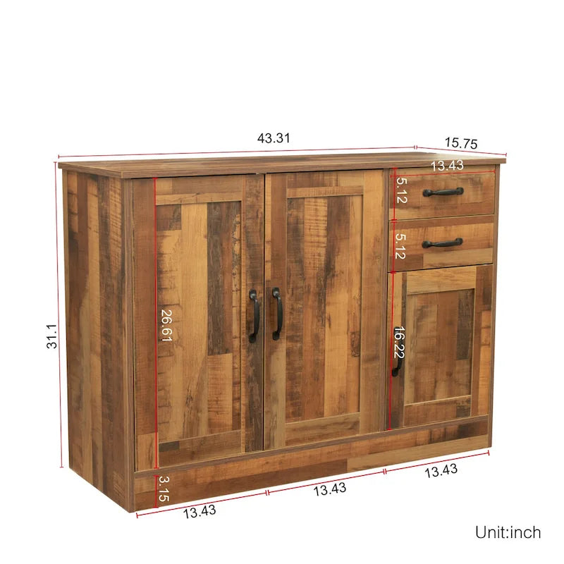 Buffet en bois avec 3 portes et 2 tiroirs