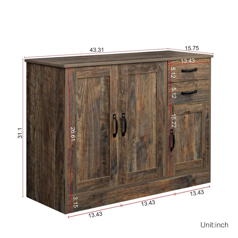 Buffet en bois avec 3 portes et 2 tiroirs