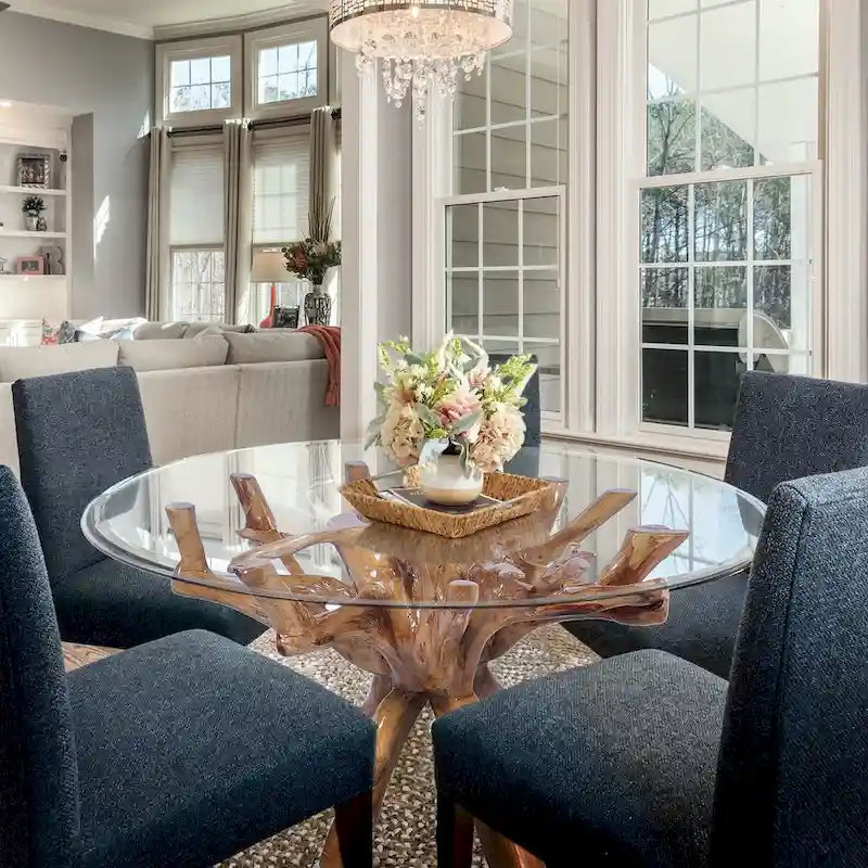 Table à manger piédestal en racine de teck avec plateau en verre rond de 48 pouces