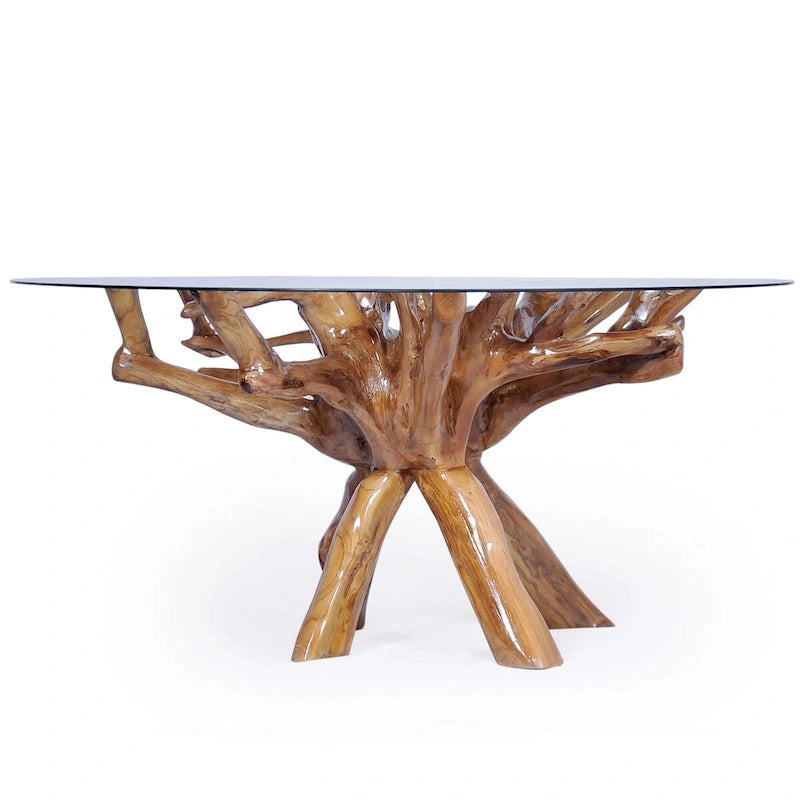 Table à manger piédestal en racine de teck avec plateau en verre rond de 48 pouces
