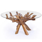 Table à manger piédestal en racine de teck avec plateau en verre rond de 48 pouces
