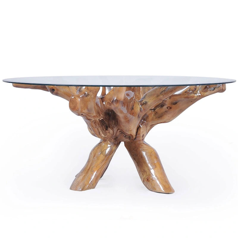 Table à manger piédestal en racine de teck avec plateau en verre rond de 48 pouces