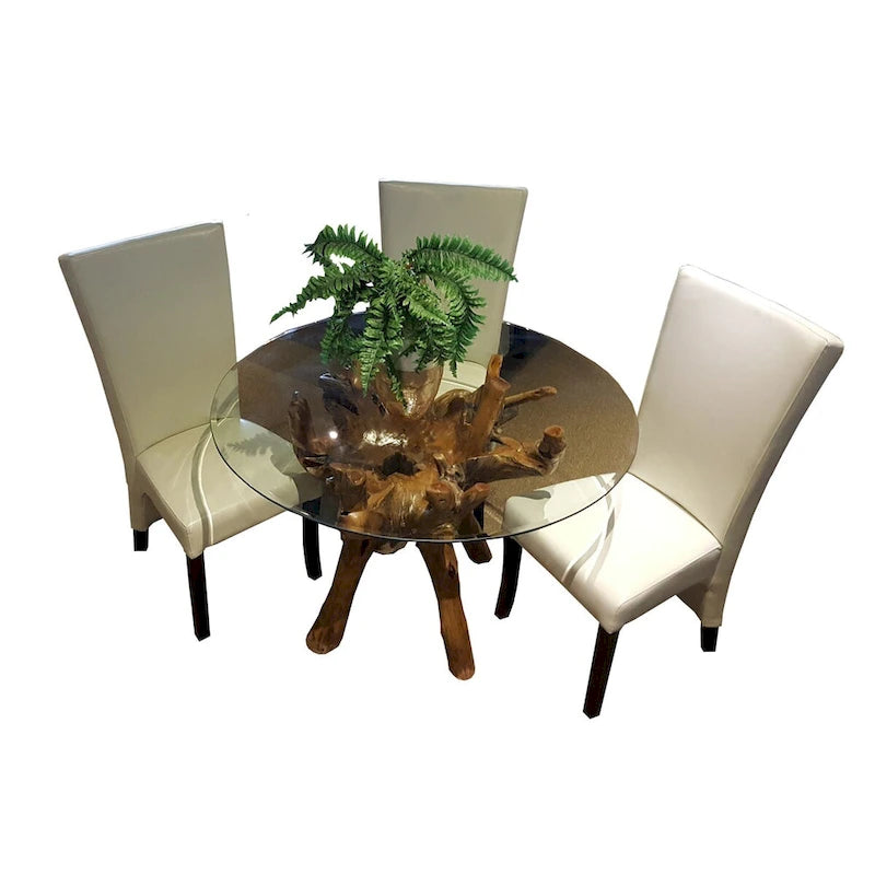 Table à manger piédestal en racine de teck avec plateau en verre rond de 48 pouces