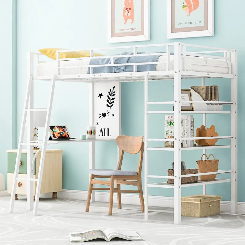 Lit mezzanine métallique une place avec étagères à 3 niveaux et bureau