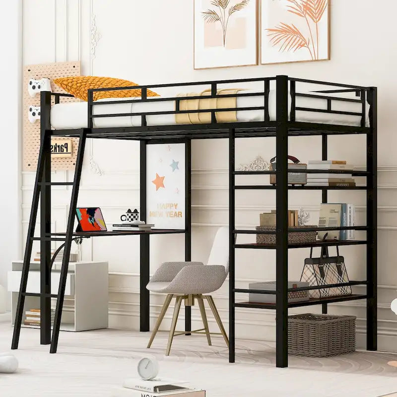 Lit mezzanine métallique une place avec étagères à 3 niveaux et bureau