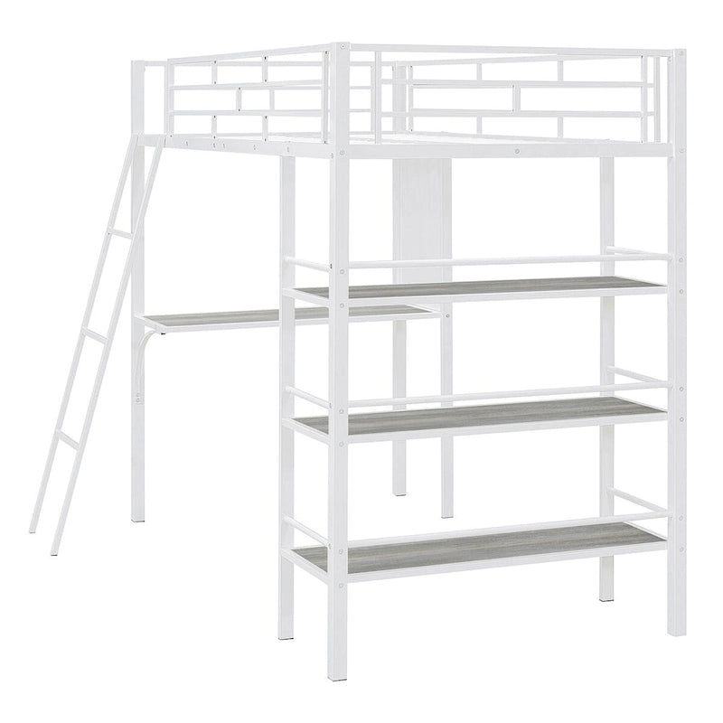 Lit mezzanine métallique une place avec étagères à 3 niveaux et bureau