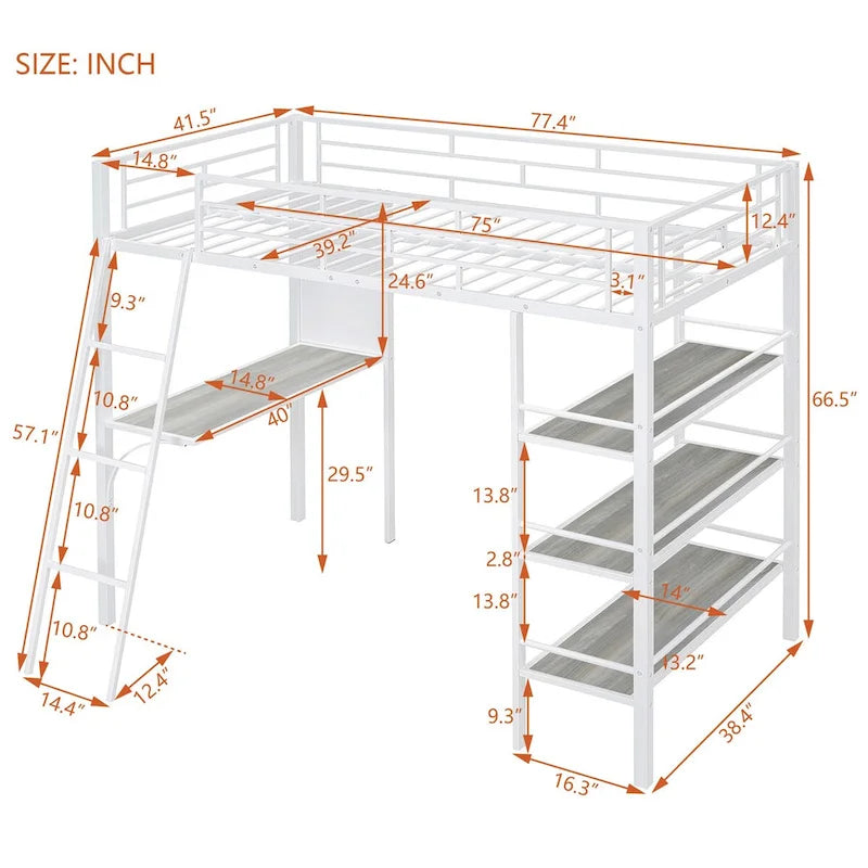 Lit mezzanine métallique une place avec étagères à 3 niveaux et bureau