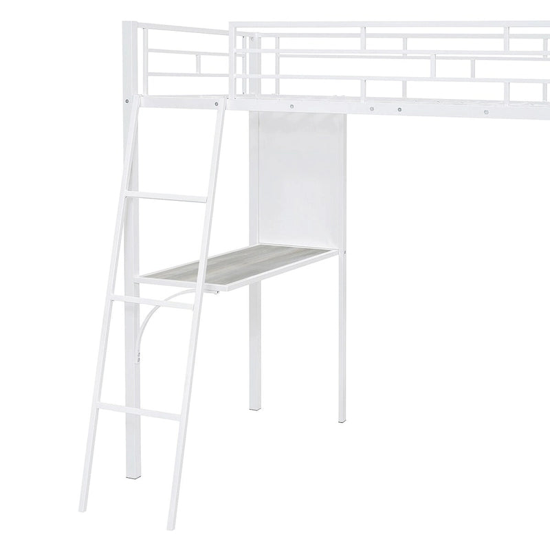 Lit mezzanine métallique une place avec étagères à 3 niveaux et bureau
