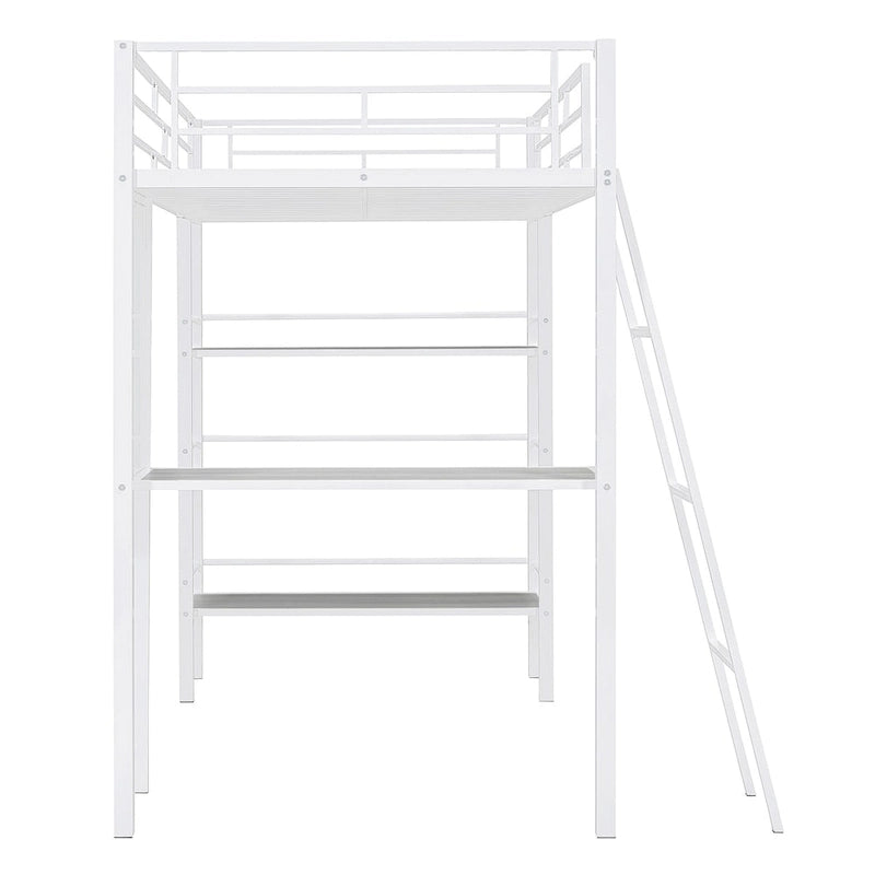 Lit mezzanine métallique une place avec étagères à 3 niveaux et bureau
