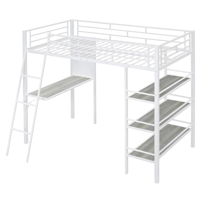 Lit mezzanine métallique une place avec étagères à 3 niveaux et bureau