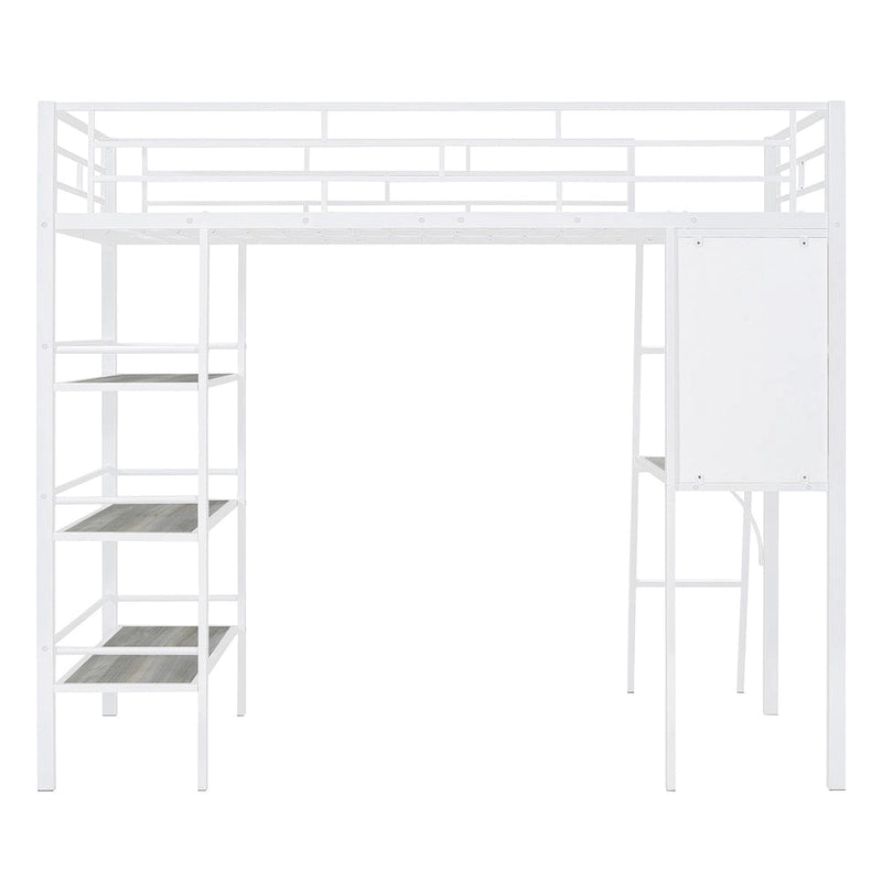 Lit mezzanine métallique une place avec étagères à 3 niveaux et bureau