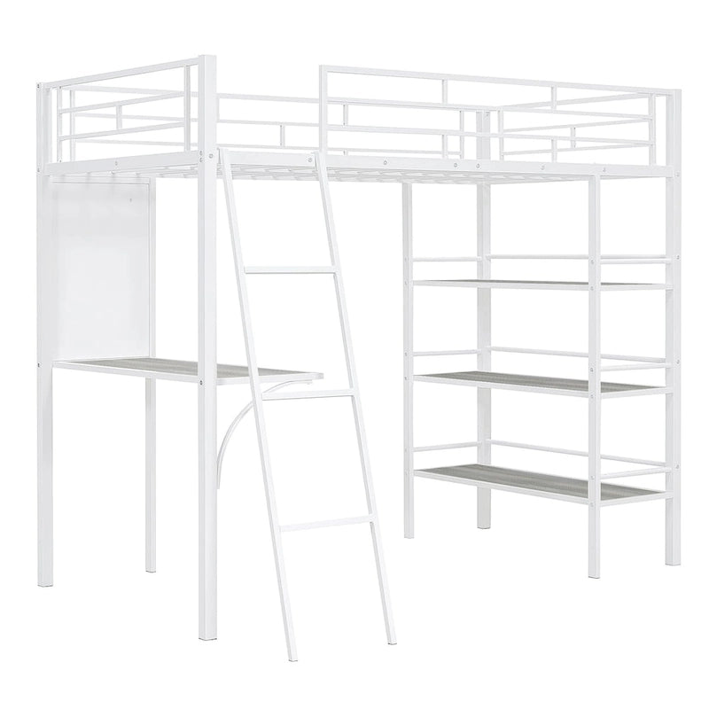 Lit mezzanine métallique une place avec étagères à 3 niveaux et bureau