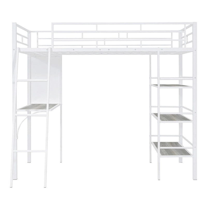 Lit mezzanine métallique une place avec étagères à 3 niveaux et bureau