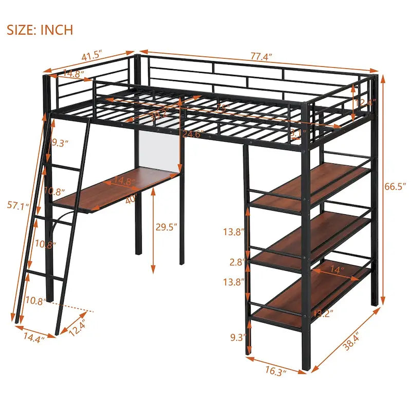 Lit mezzanine métallique une place avec étagères à 3 niveaux et bureau