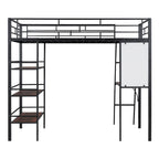 Lit mezzanine métallique une place avec étagères à 3 niveaux et bureau