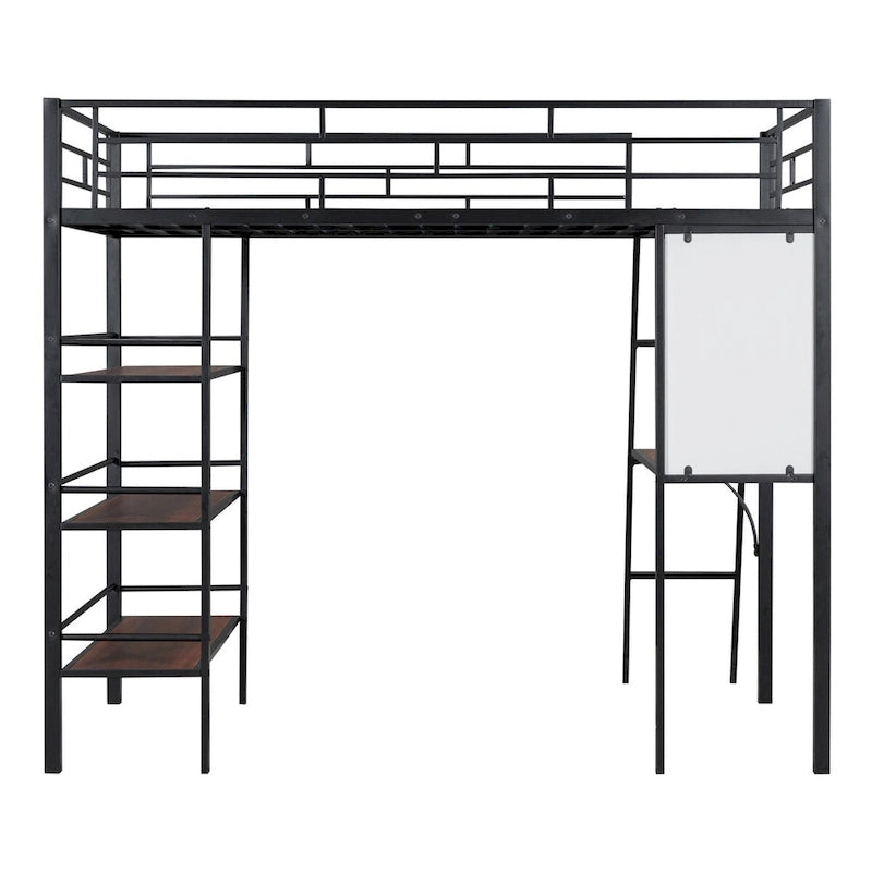 Lit mezzanine métallique une place avec étagères à 3 niveaux et bureau