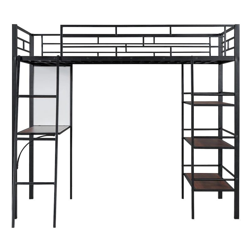 Lit mezzanine métallique une place avec étagères à 3 niveaux et bureau