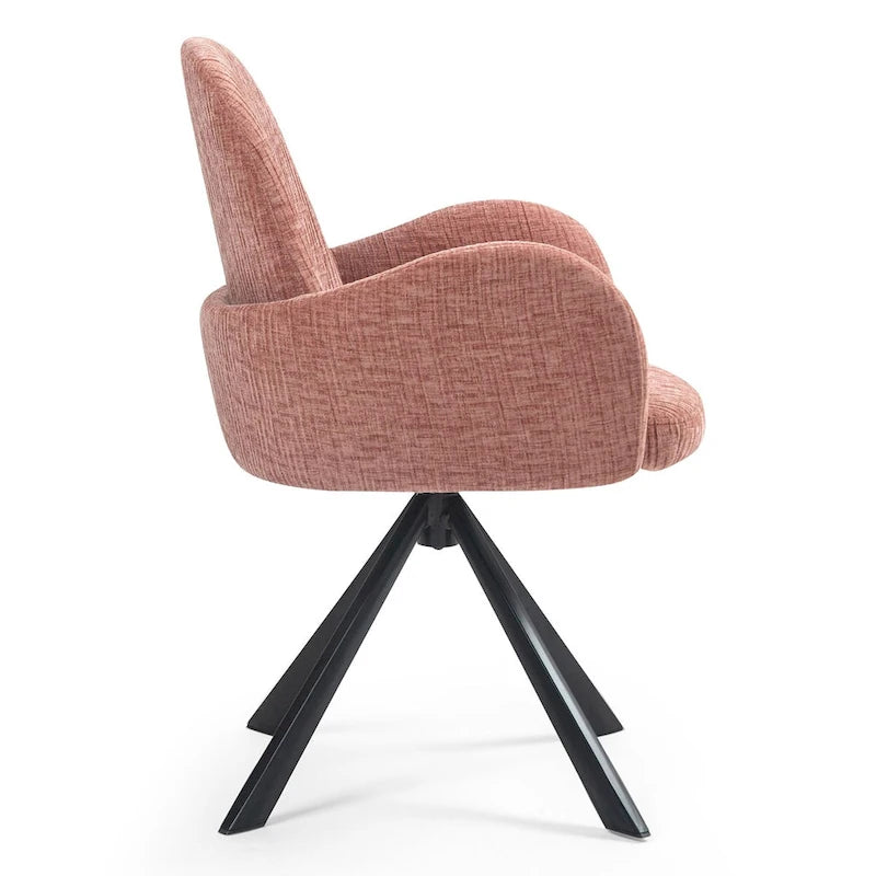 Chaise de salle à manger en tissu de lin rose avec pieds en fer pivotants