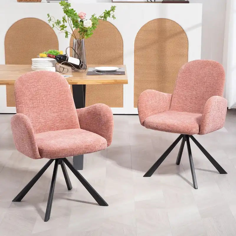 Chaise de salle à manger en tissu de lin rose avec pieds en fer pivotants