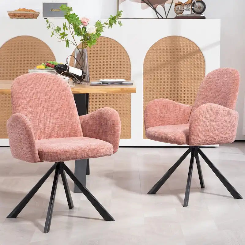 Chaise de salle à manger en tissu de lin rose avec pieds en fer pivotants