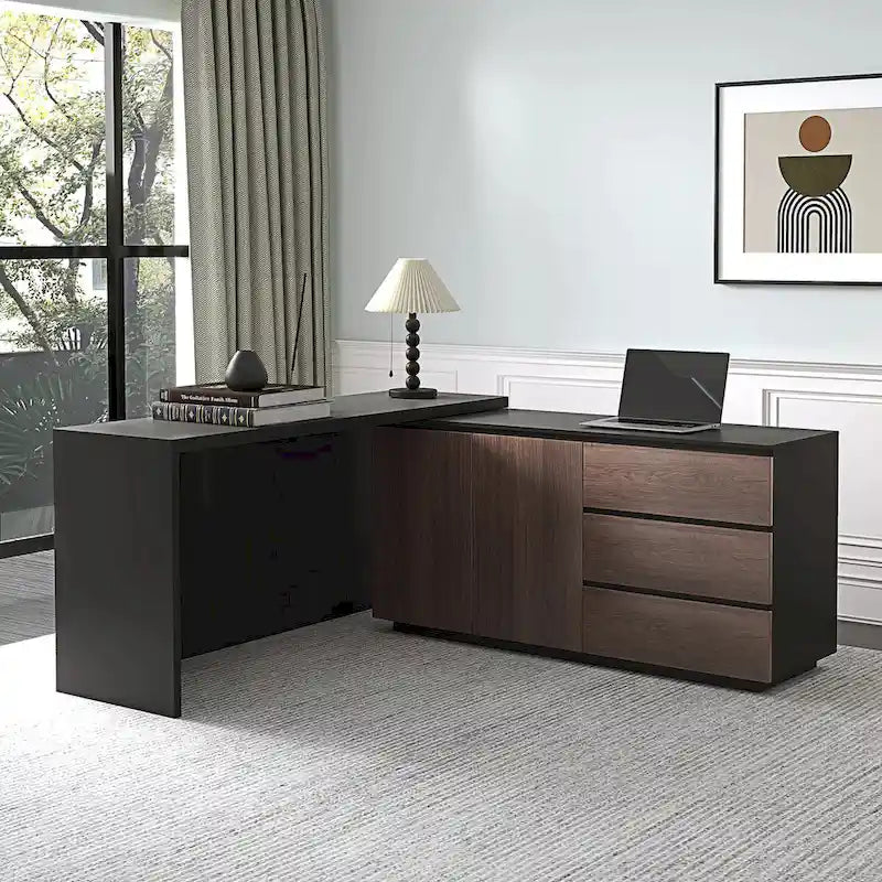 Bureau d'angle extensible avec tiroirs de rangement et armoire